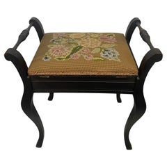 Vintage UK Imported Black Toned Wood Needlepoint Stool Upholstered Accent Bench