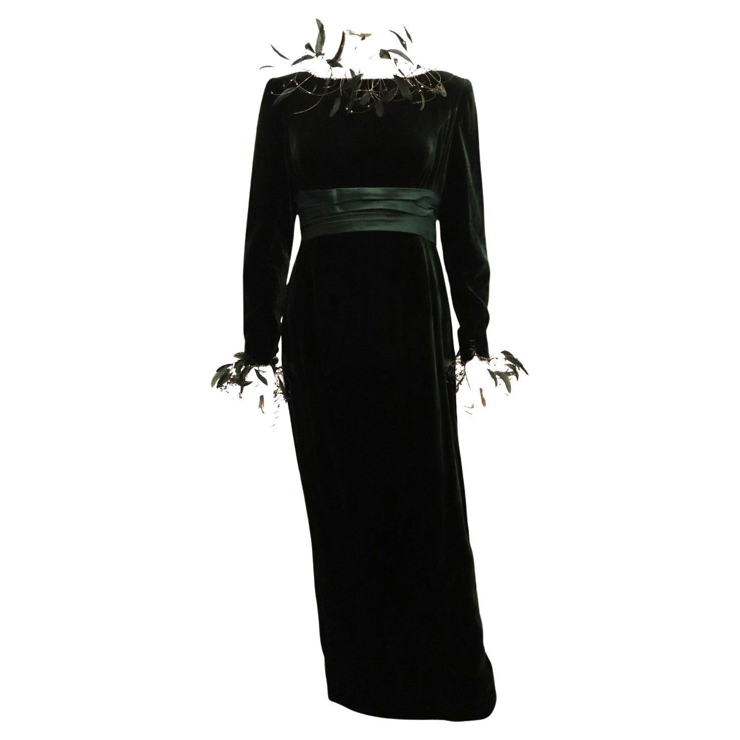 Vintage Ulrich Engler Couture Green Velvet Evening Gown For Sale