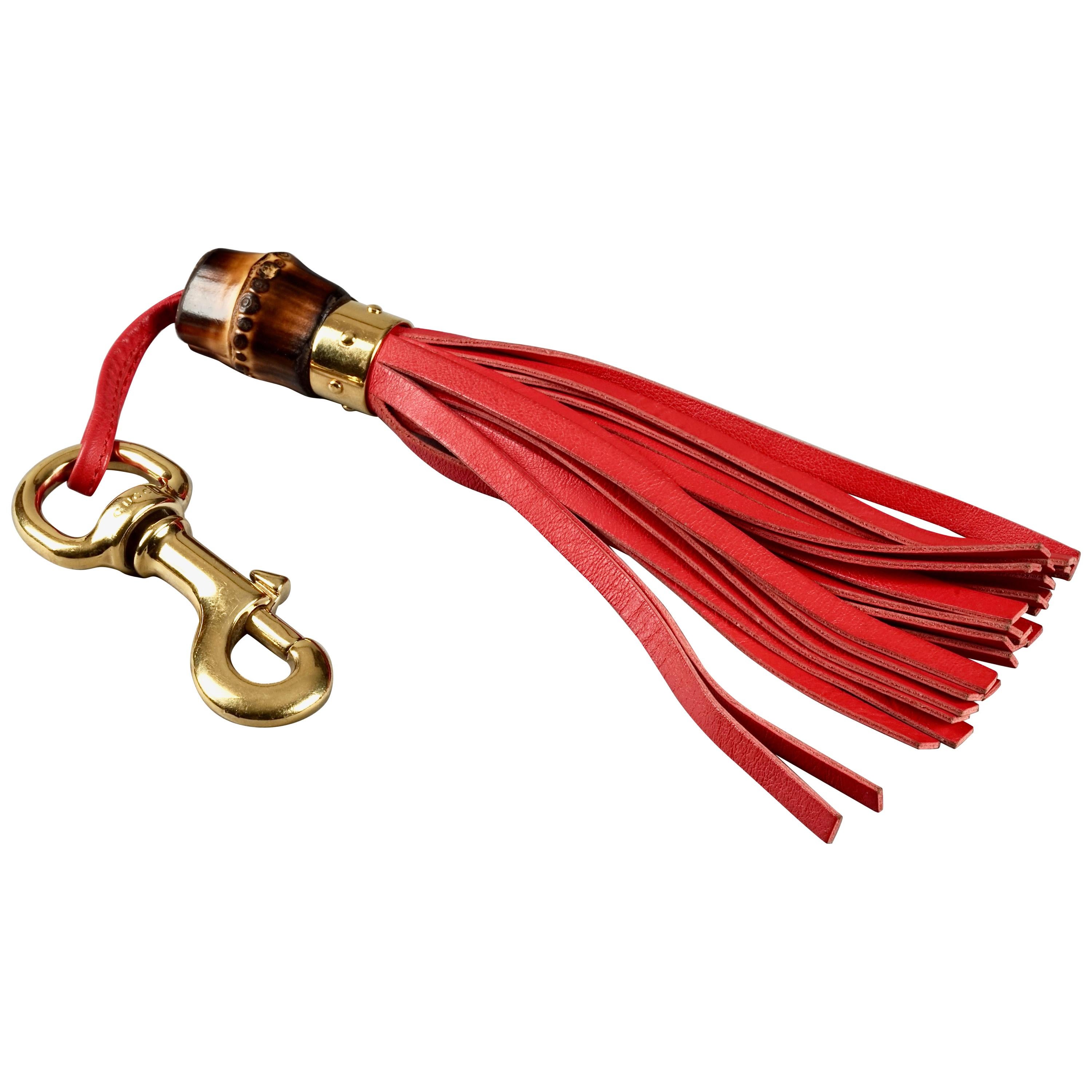 Vintage Ultra Long GUCCI Bamboo Leather Tassel Bag Charm Key Ring Keychain  at 1stDibs