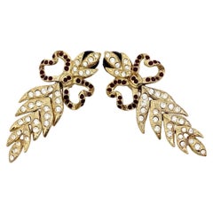 Vintage Ultra Long Yves Saint Laurent Bow Leaf Rhinestone Earrings