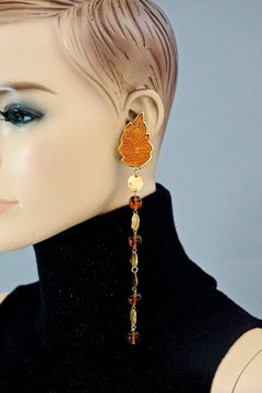 Vintage Ultra Long YVES SAINT LAURENT Ysl Enamel Leaf Beaded Shoulder Duster Ear