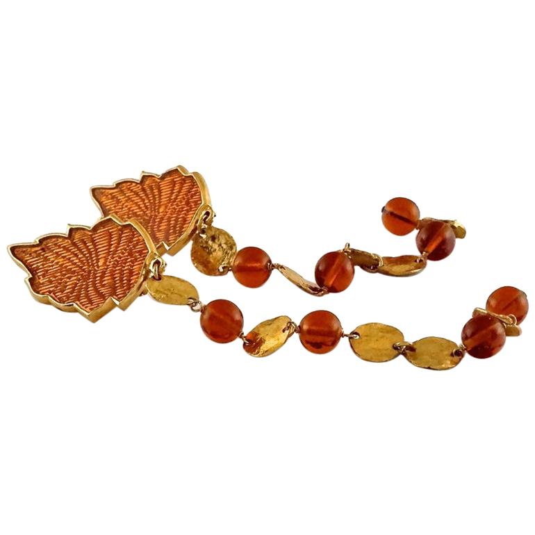 Vintage Ultra Long YVES SAINT LAURENT Ysl Enamel Leaf Beaded Shoulder Duster Ear For Sale