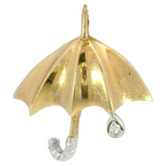Vintage Umbrella Diamond Charm Pendant 14 Karat Yellow Gold