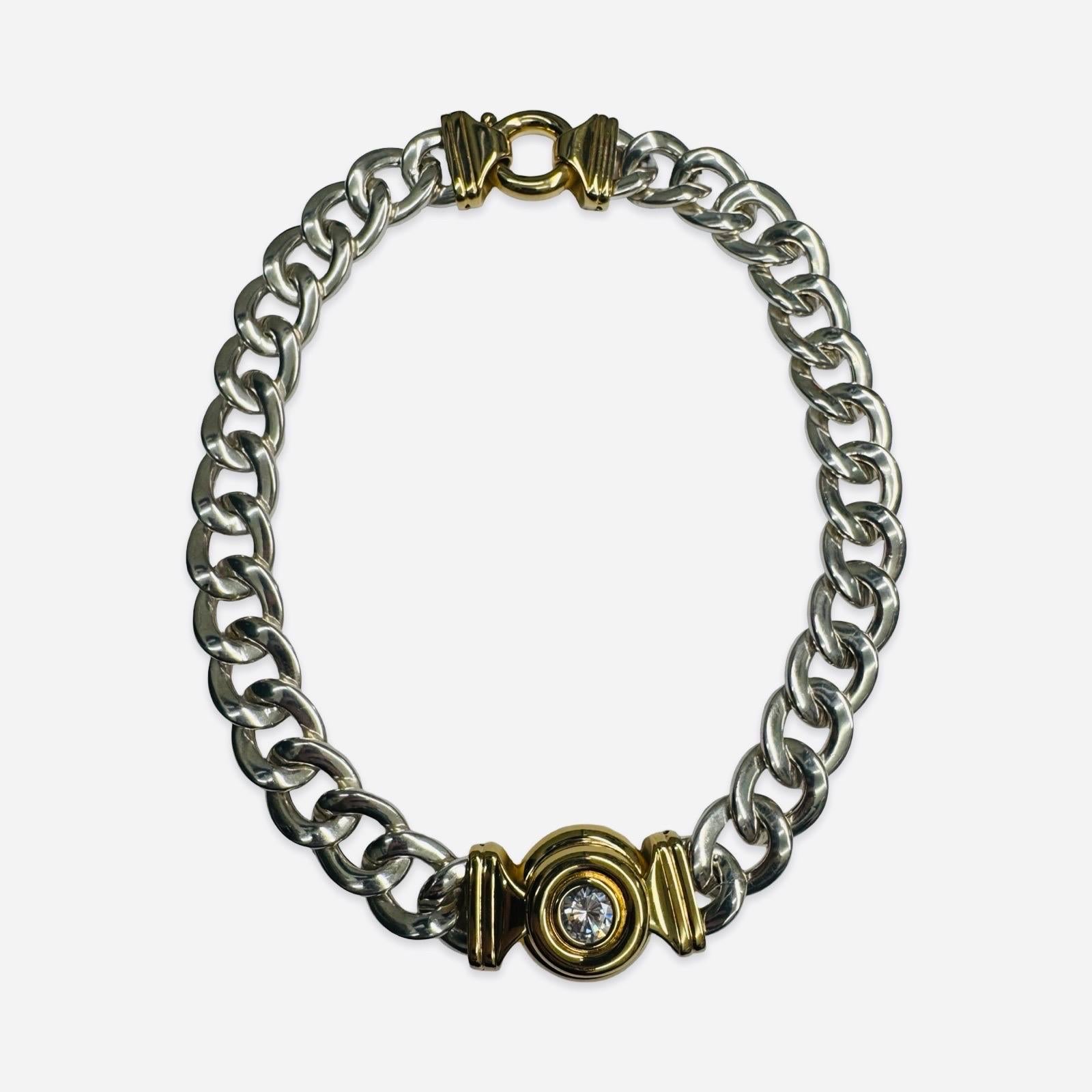 Vintage UnoAerre Two-Tone Sterling Curb-Link Necklace with Center Motif In Excellent Condition For Sale In Miami, FL