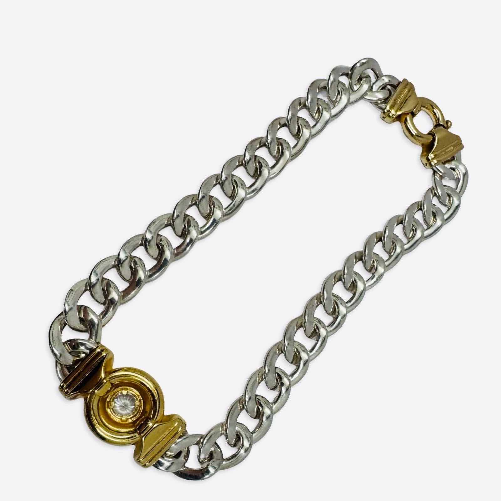 Vintage UnoAerre Two-Tone Sterling Curb-Link Necklace with Center Motif For Sale 2