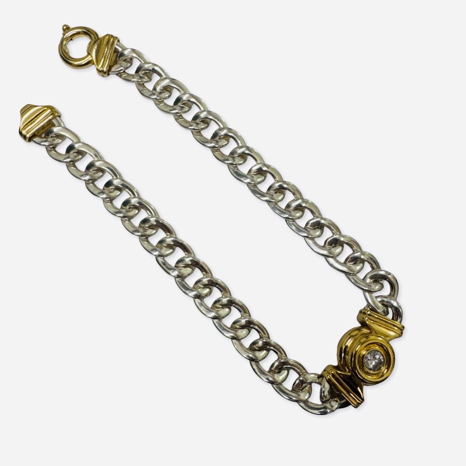 Vintage UnoAerre Two-Tone Sterling Curb-Link Necklace with Center Motif For Sale 3