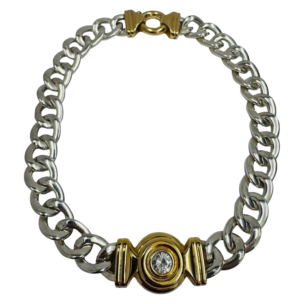 Vintage UnoAerre Two-Tone Sterling Curb-Link Necklace with Center Motif For Sale