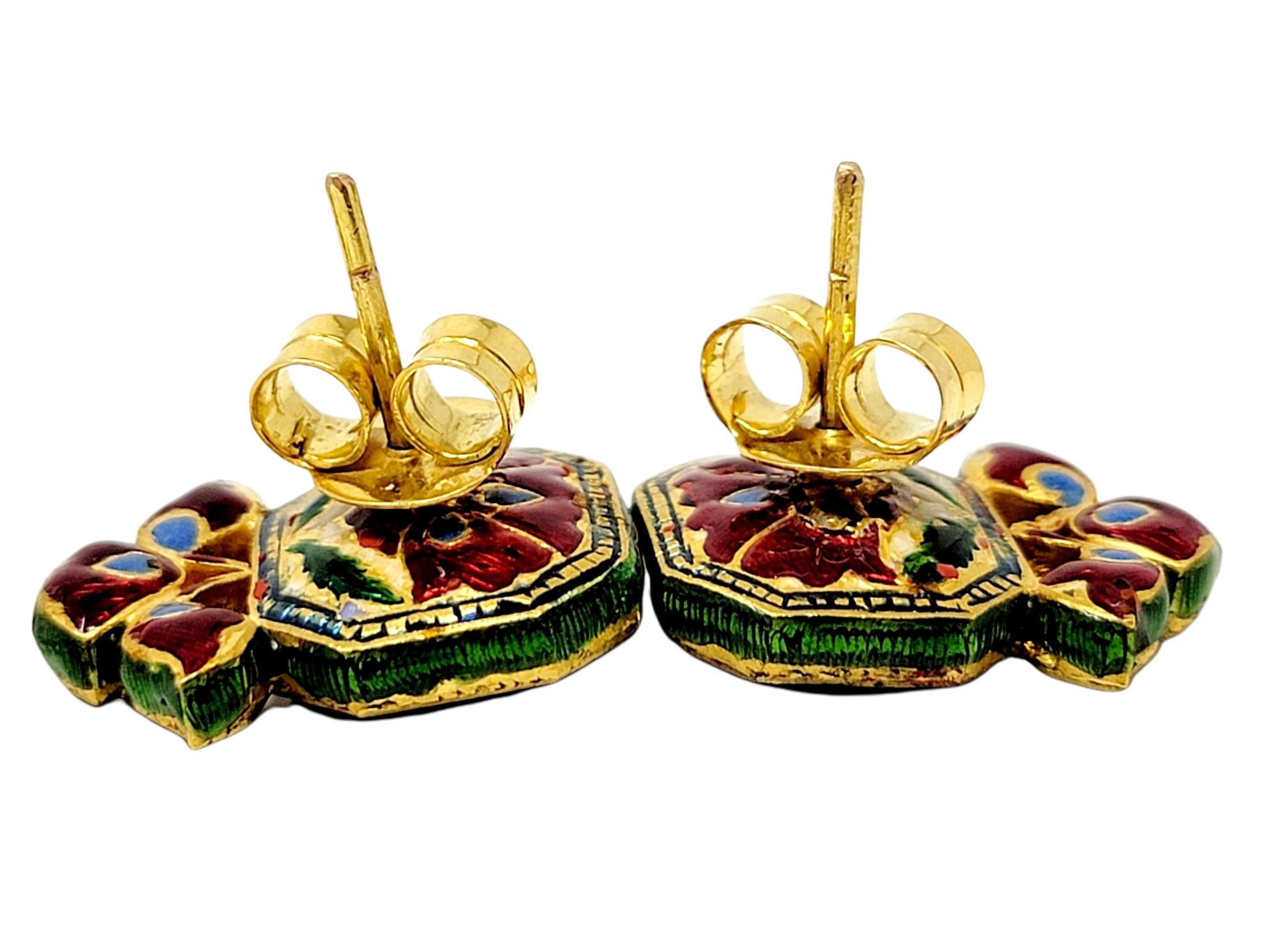 Ohrringe aus 18 Karat Gold mit ungeschliffenem Diamanten und grünem Glas und Emaille im Angebot 6