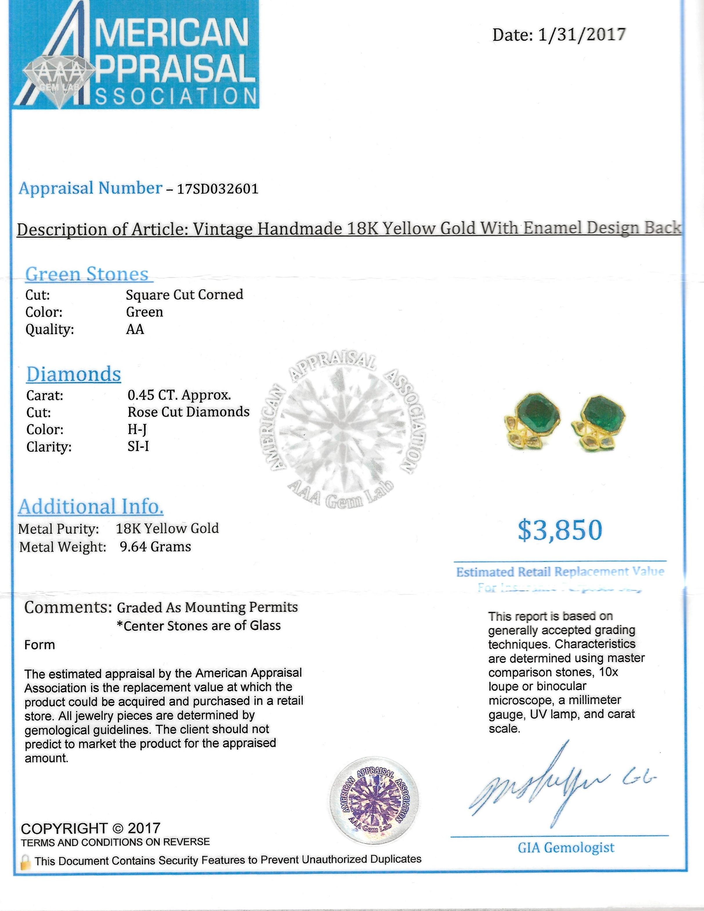 Ohrringe aus 18 Karat Gold mit ungeschliffenem Diamanten und grünem Glas und Emaille im Angebot 8