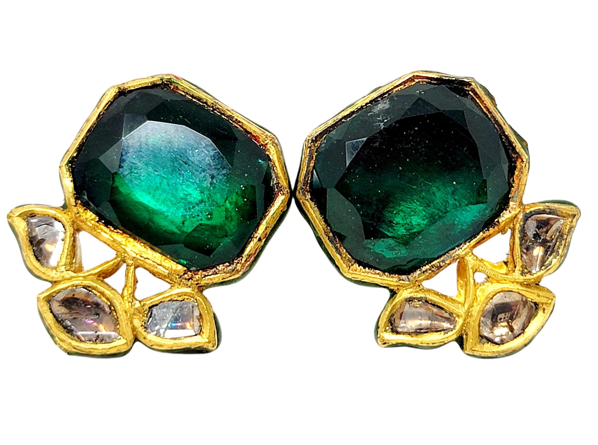 These gorgeous, one-of-a-kind earrings are absolutely beautiful. The bold color of the rich green glass stones really makes a statement, while the natural uncut diamonds add an extra touch of sparkle and glamour. These  pierced-ear earrings each