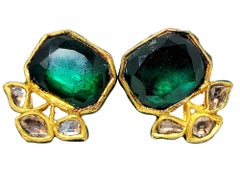 Vintage Uncut Diamond and Green Glass Earrings in 18 Karat Gold with Enamel