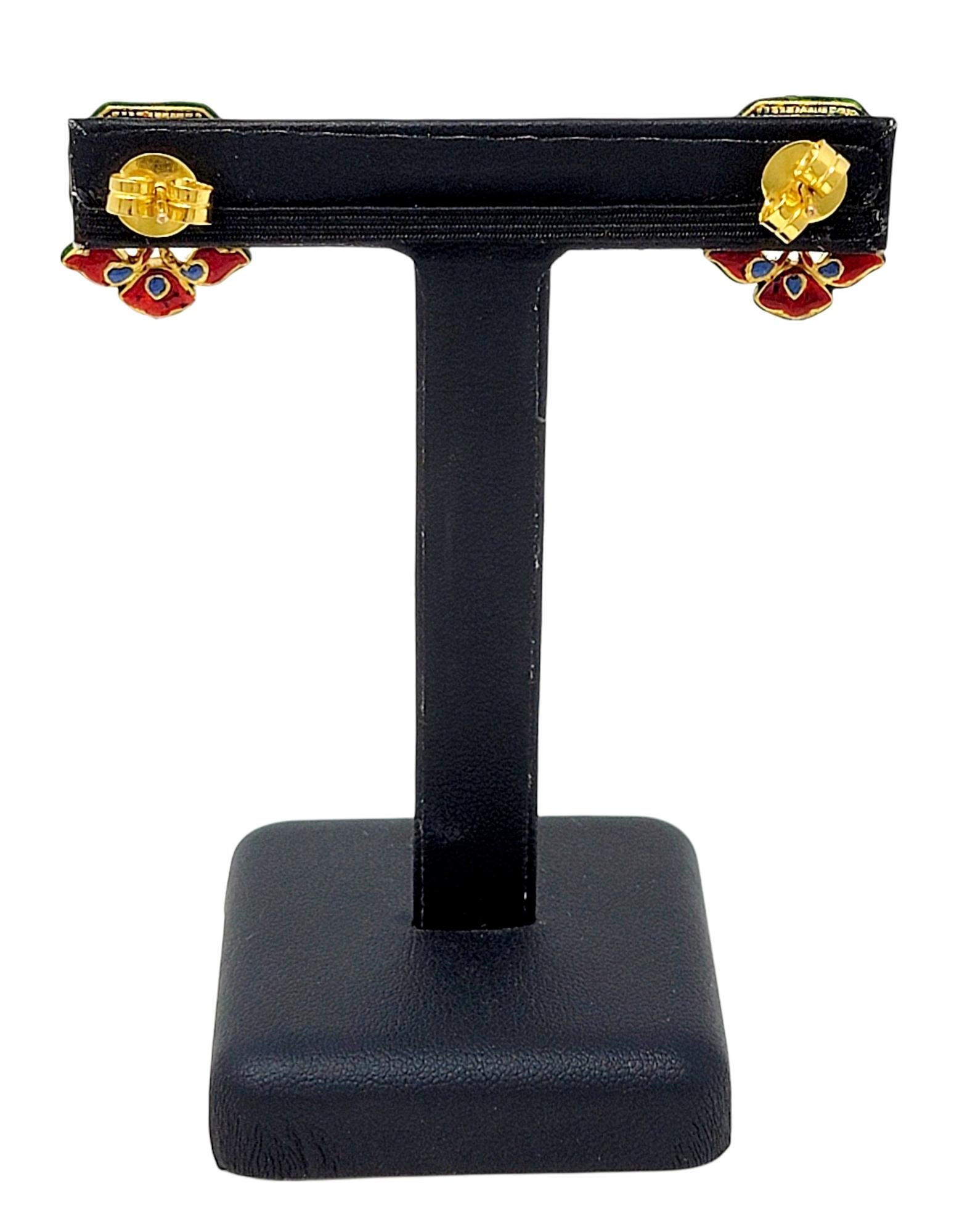 Ohrringe aus 18 Karat Gold mit ungeschliffenem Diamanten und grünem Glas und Emaille im Zustand „Gut“ im Angebot in Scottsdale, AZ