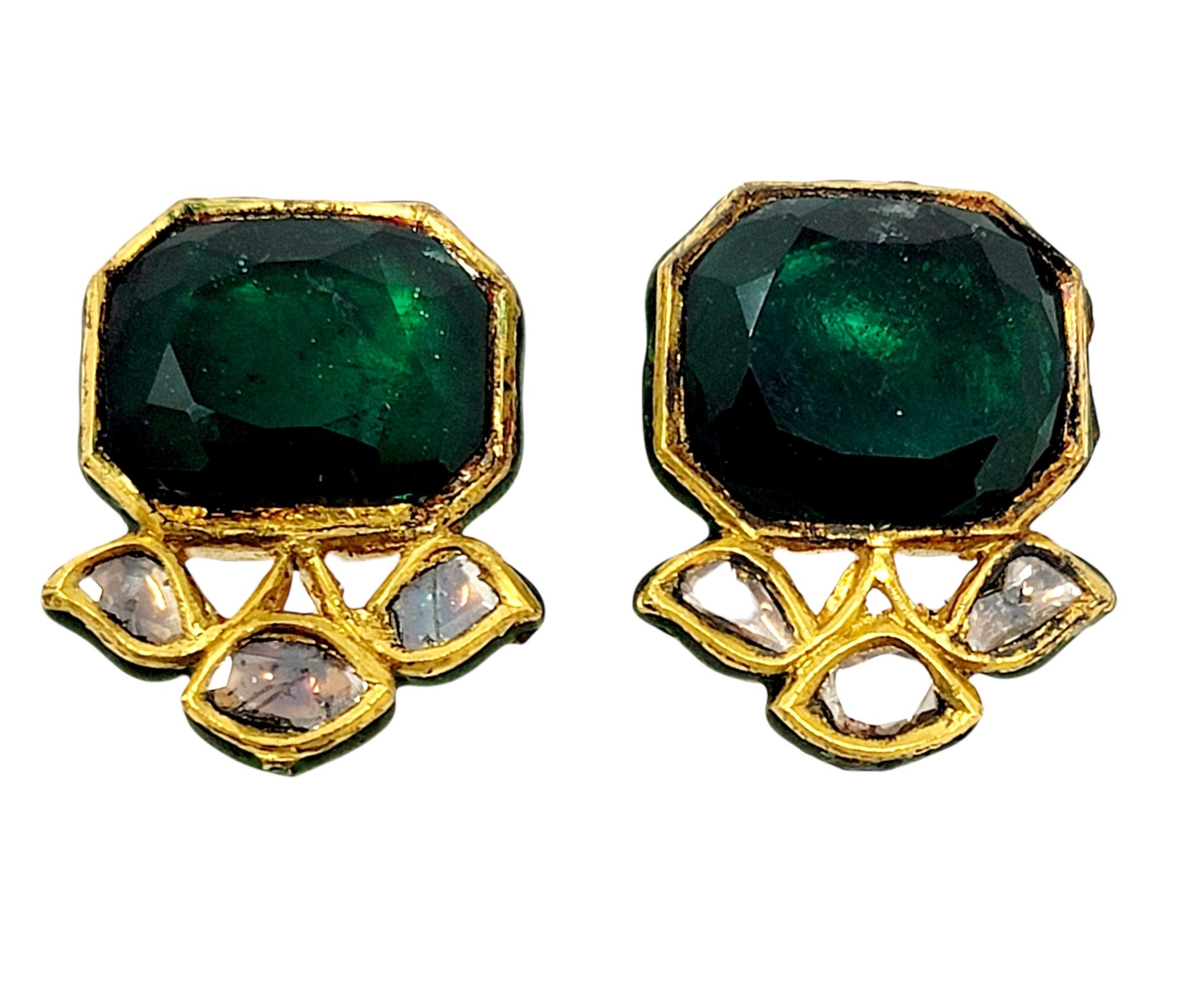 Rose Cut Vintage Uncut Diamond and Green Glass Earrings in 18 Karat Gold with Enamel For Sale
