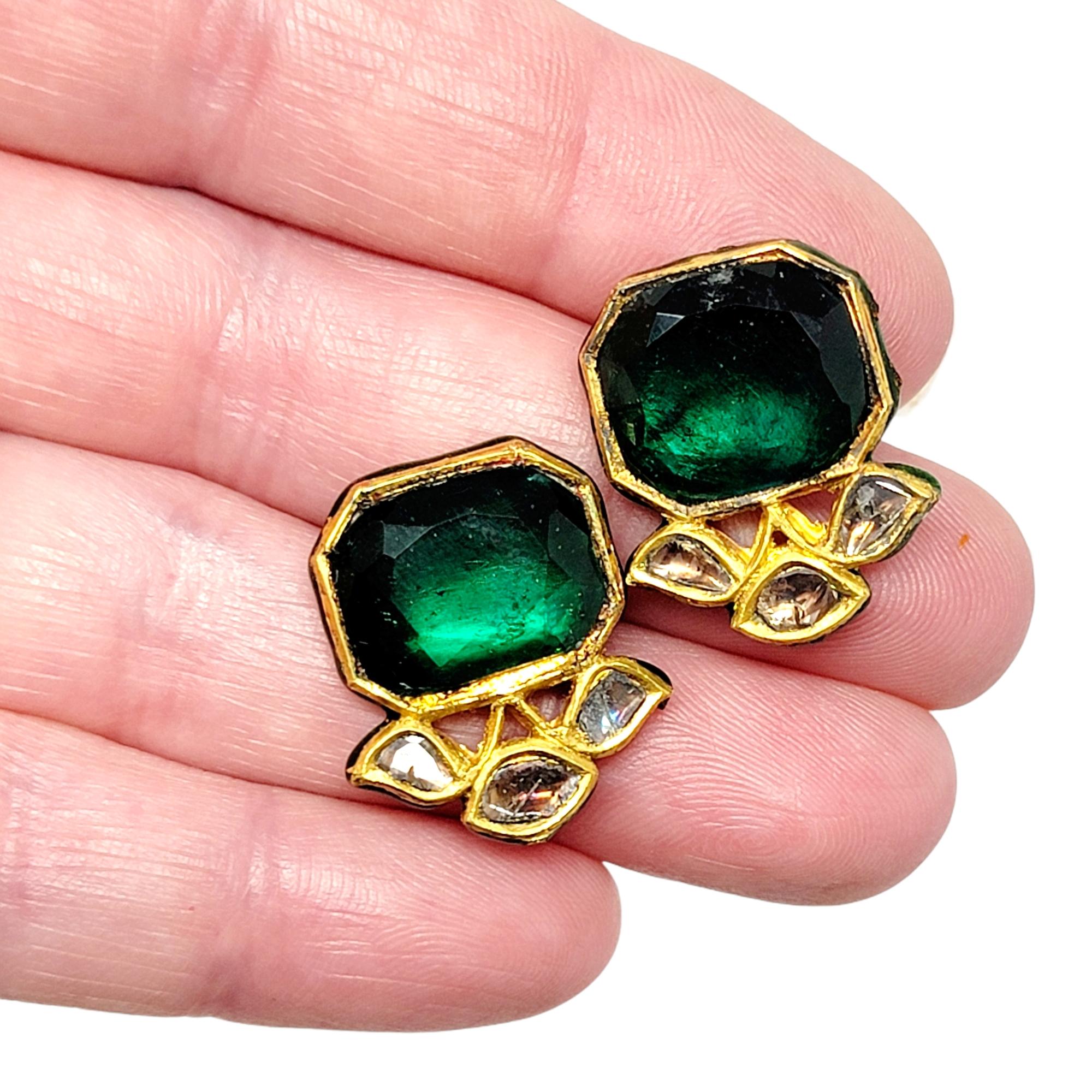 Women's Vintage Uncut Diamond and Green Glass Earrings in 18 Karat Gold with Enamel For Sale