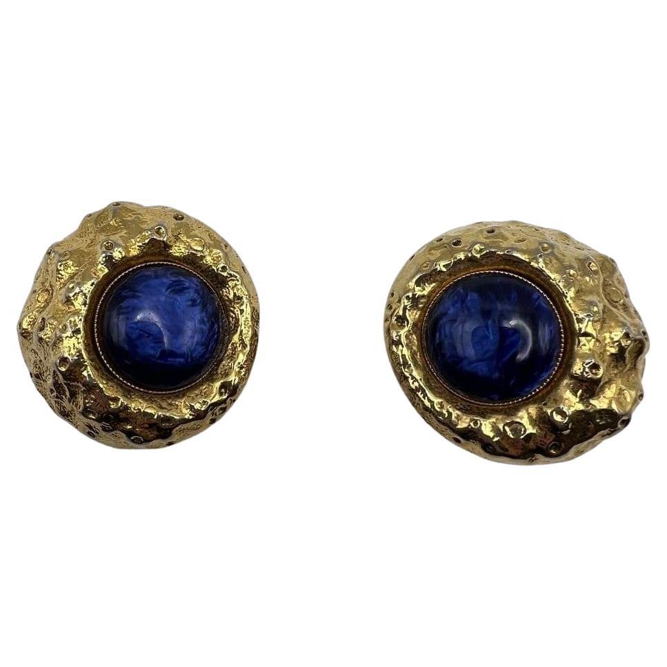 Vintage Une Ligne Oversized Blue Cabochon clip-on earrings, 1990s