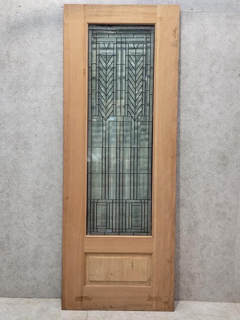 Modern Vintage Unfinished Mahogany Door & Two Sidelights with Beveled and Jeweled Glass For Sale