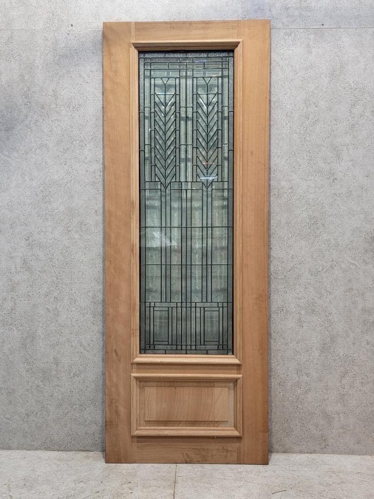 Vintage Unfinished Mahogany Door & Two Sidelights with Beveled and Jeweled Glass In Good Condition For Sale In Chicago, IL
