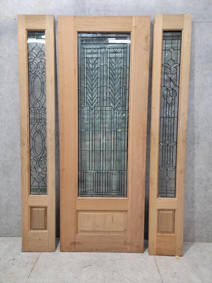 20th Century Vintage Unfinished Mahogany Door & Two Sidelights with Beveled and Jeweled Glass For Sale