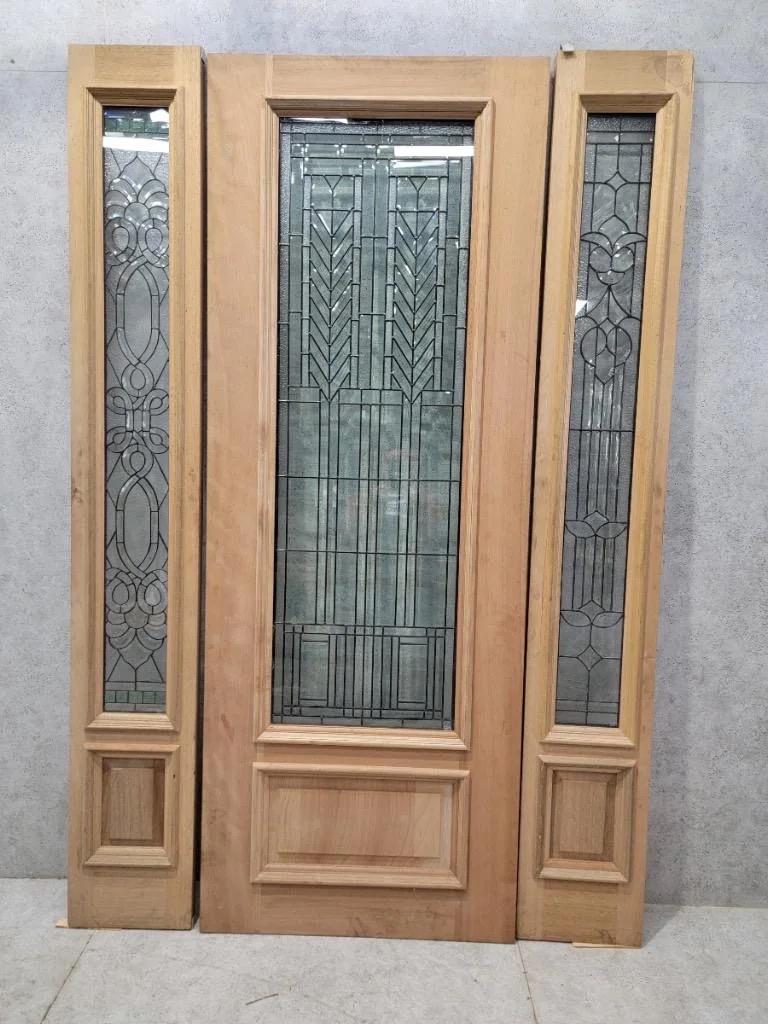 Metal Vintage Unfinished Mahogany Door & Two Sidelights with Beveled and Jeweled Glass For Sale