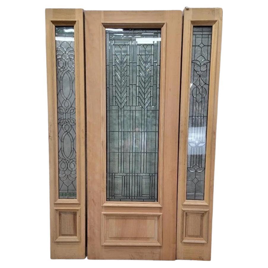 Vintage Unfinished Mahogany Door & Two Sidelights with Beveled and Jeweled Glass For Sale