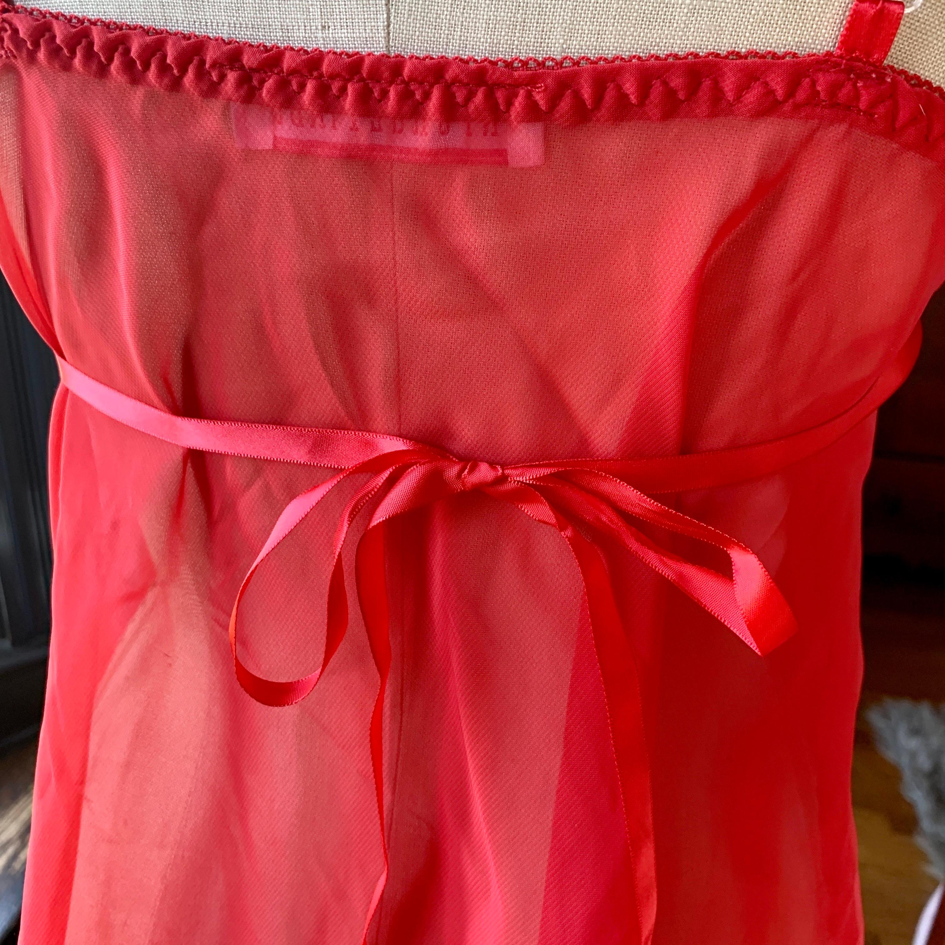 Vintage UNFORGETTABLE Babydoll Nightie SEXY Nightgown Red Lace Bow SATIN Small For Sale 4