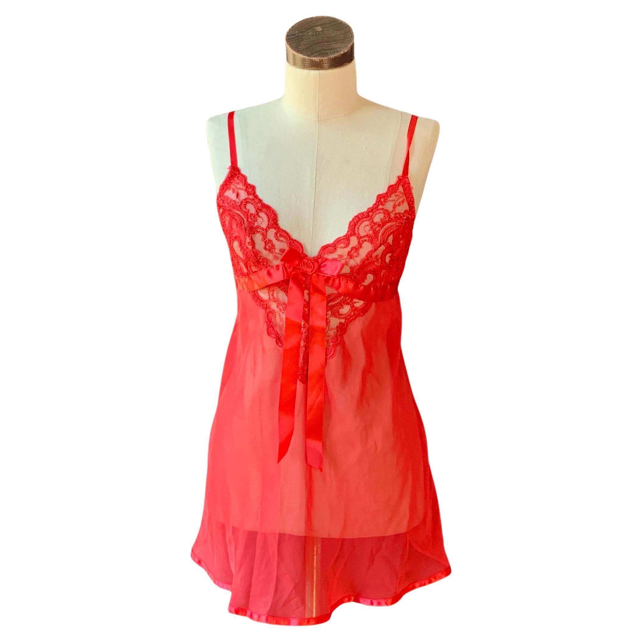 Vintage UNFORGETTABLE Babydoll Nightie SEXY Nightgown Red Lace Bow SATIN Small For Sale