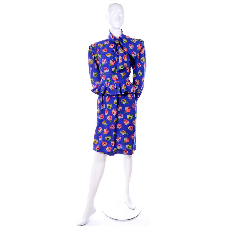 Vintage Ungaro Blue Floral Silk 2 Pc Dress W Peplum Blouse and Slim ...