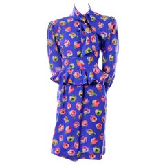 Vintage Ungaro Blue Floral Silk 2 Pc Dress W Peplum Blouse & Slim Skirt W/ Tags