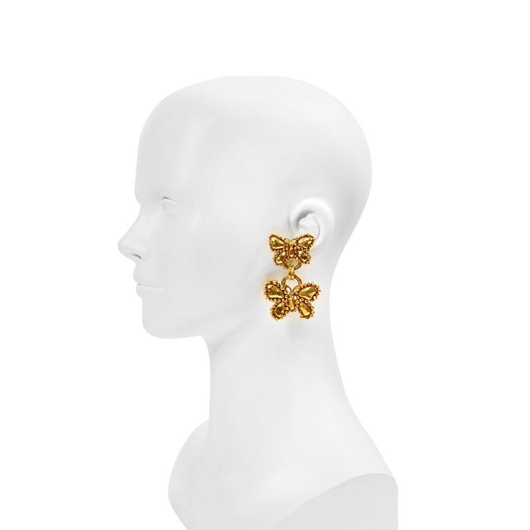Artist Vintage Ungaro Gold Dangling Butterfly Earrings Circa 1980s For Sale