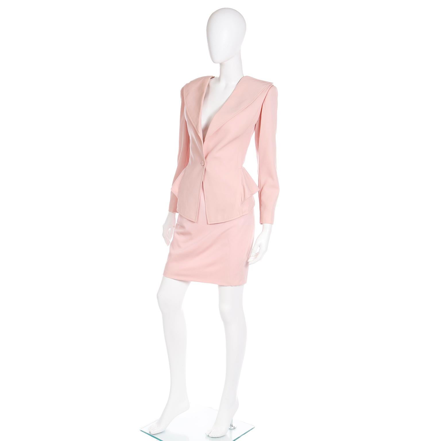 Vintage Ungaro Parallele Pink Peplum Jacket and Pencil Skirt Suit For Sale 1