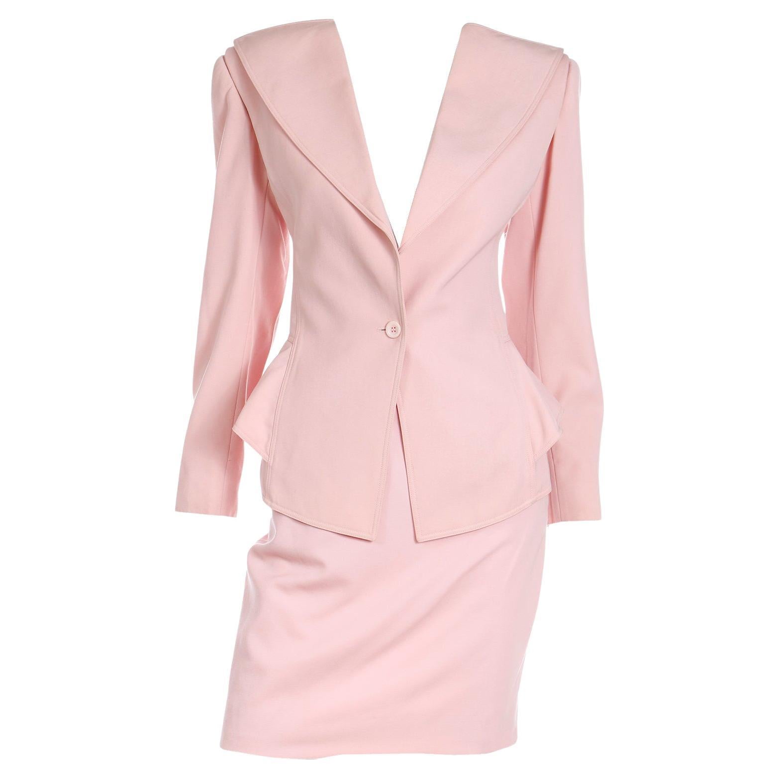 Vintage Ungaro Parallele Pink Peplum Jacket and Pencil Skirt Suit For Sale