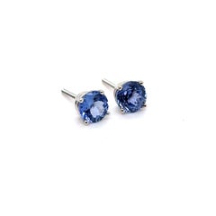 Vintage Unheated Ceylon Round Cut Sapphire Stud Earrings in 14K White Gold.