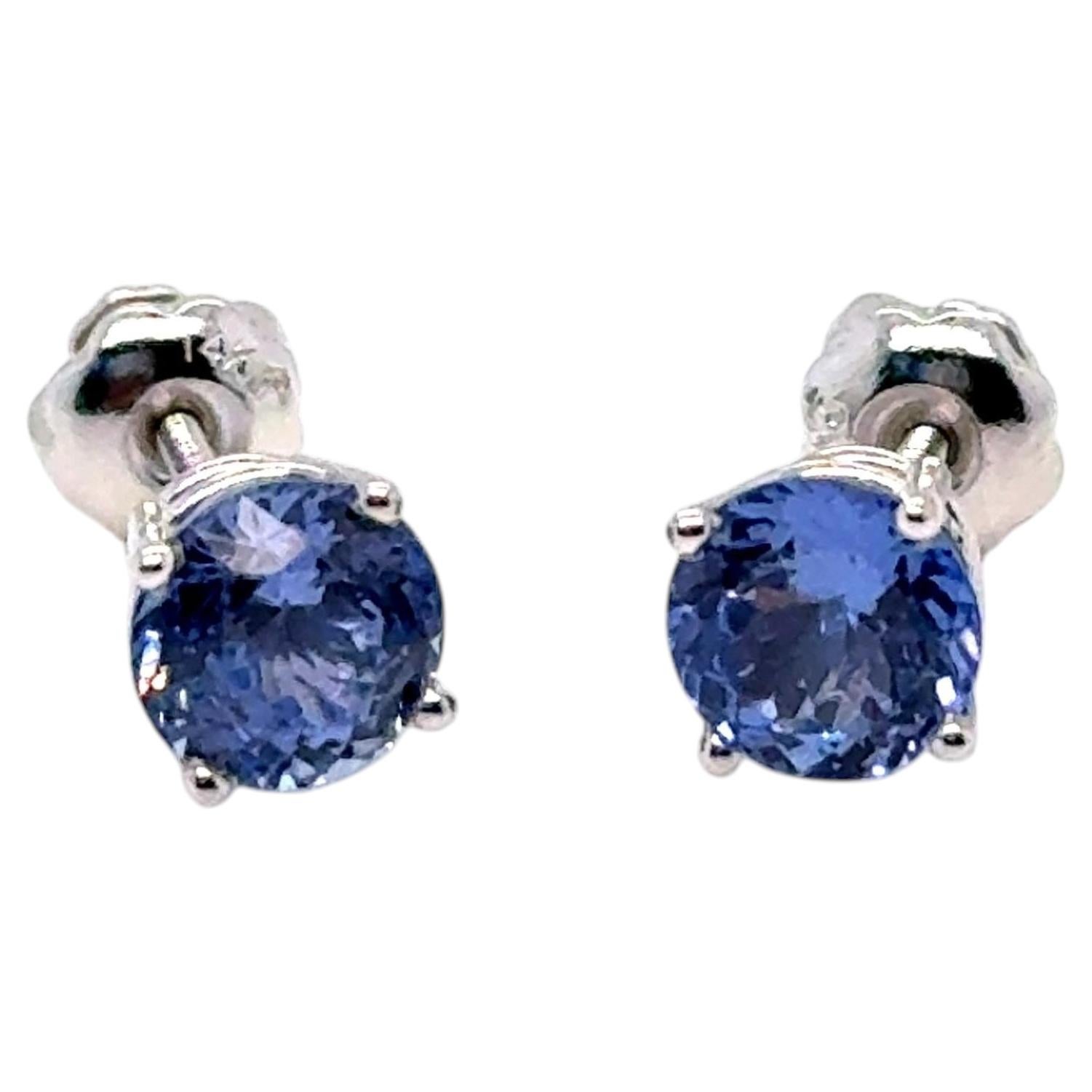 Vintage Unheated Ceylon Round Cut Sapphire Stud Earrings in 14K White Gold.