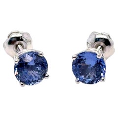 Vintage Unheated Ceylon Round Cut Sapphire Stud Earrings in 14K White Gold.