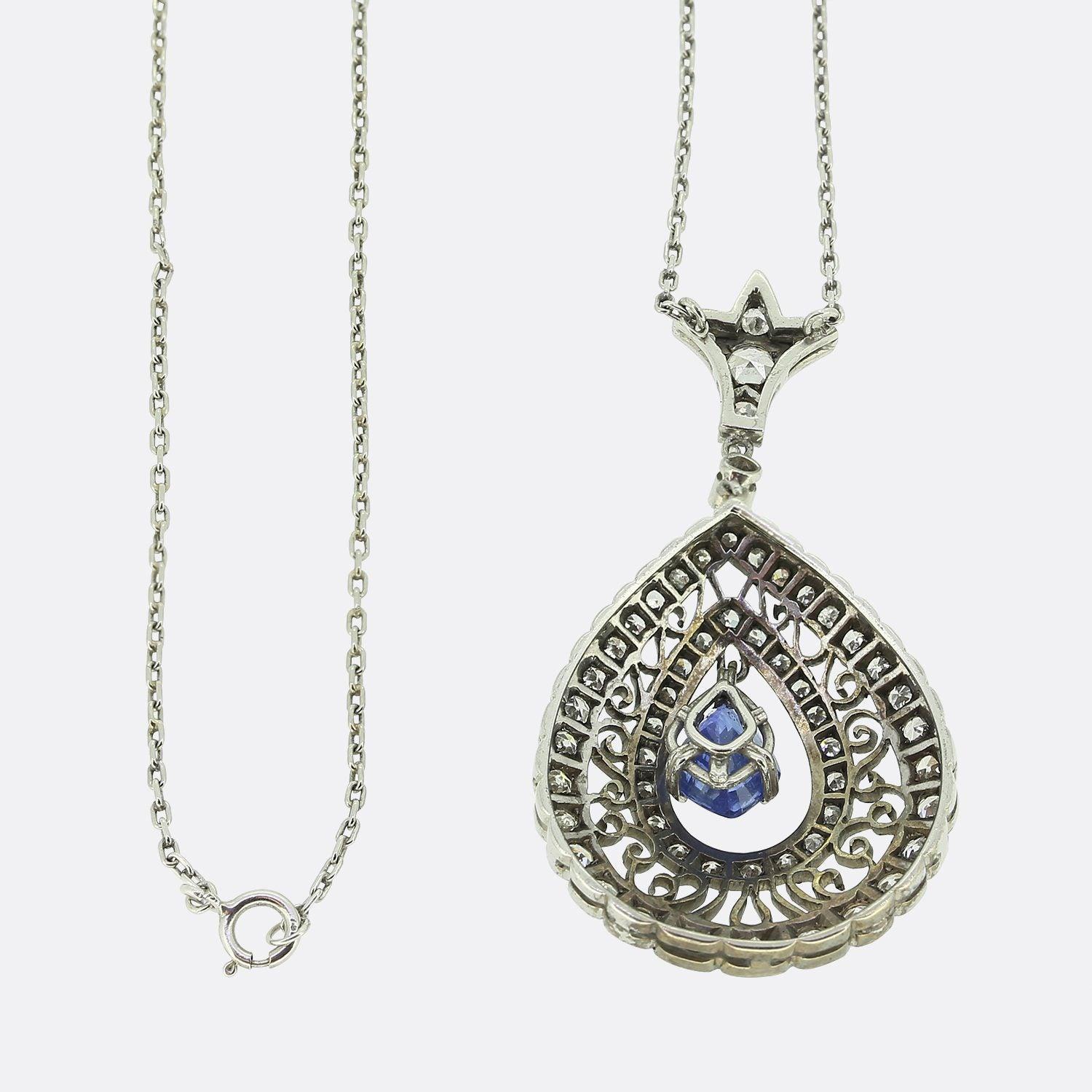 Rough Cut Vintage Unheated Sapphire and Diamond Drop Necklace For Sale