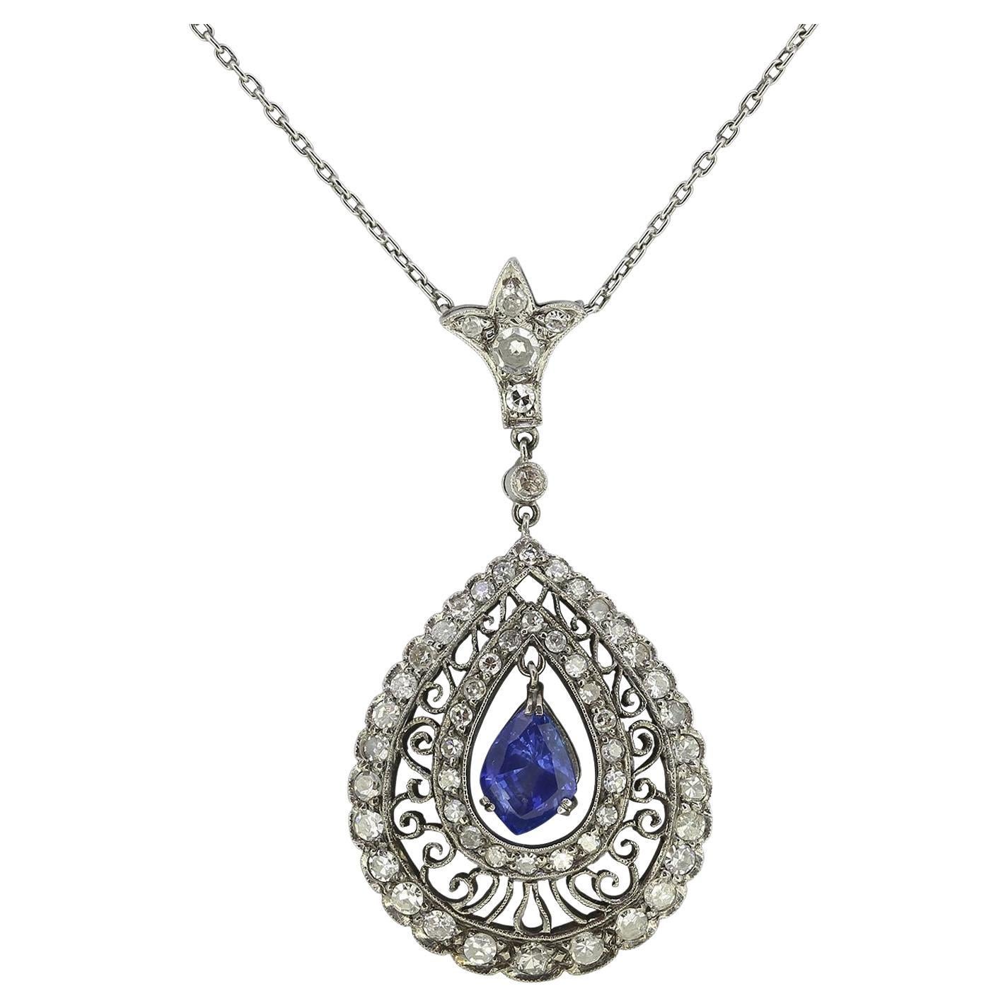 Vintage Unheated Sapphire and Diamond Drop Necklace For Sale