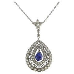 Vintage Unheated Sapphire and Diamond Drop Necklace