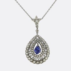 Vintage Unheated Sapphire and Diamond Drop Necklace