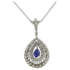 Vintage Unheated Sapphire and Diamond Drop Necklace