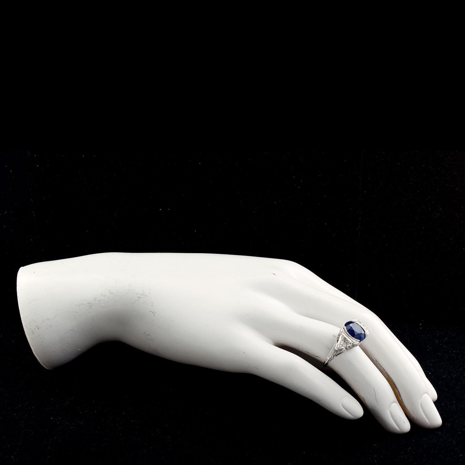 Oval Cut Vintage Unheated Sapphire Trillion Diamond Engagement Ring 6.26 Carat