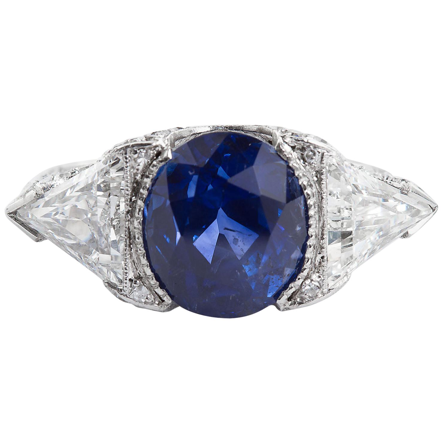 Vintage Unheated Sapphire Trillion Diamond Engagement Ring 6.26 Carat