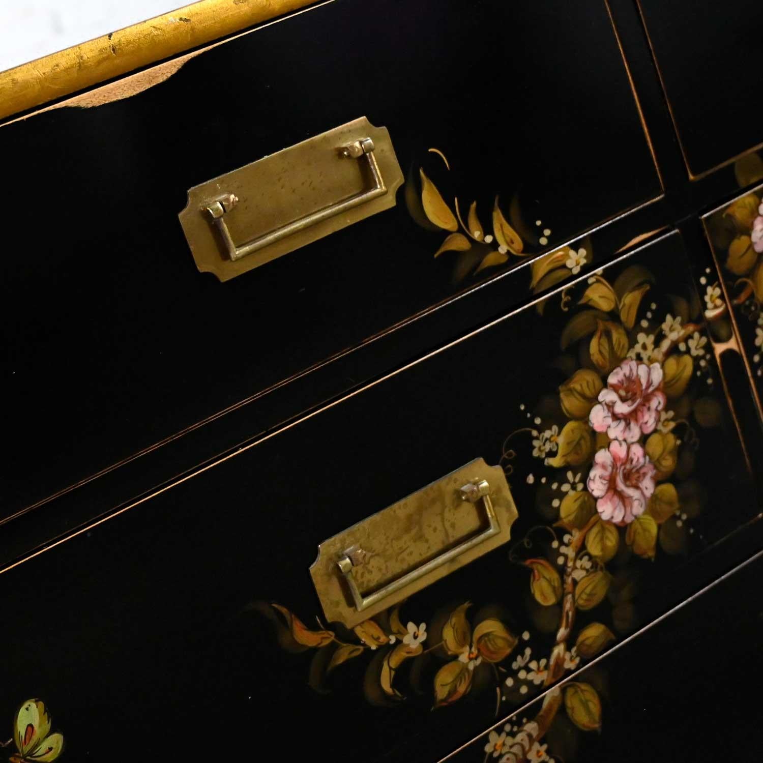Vintage Union National Chinoiserie Dresser Black W/ Floral Design & Distressing 4