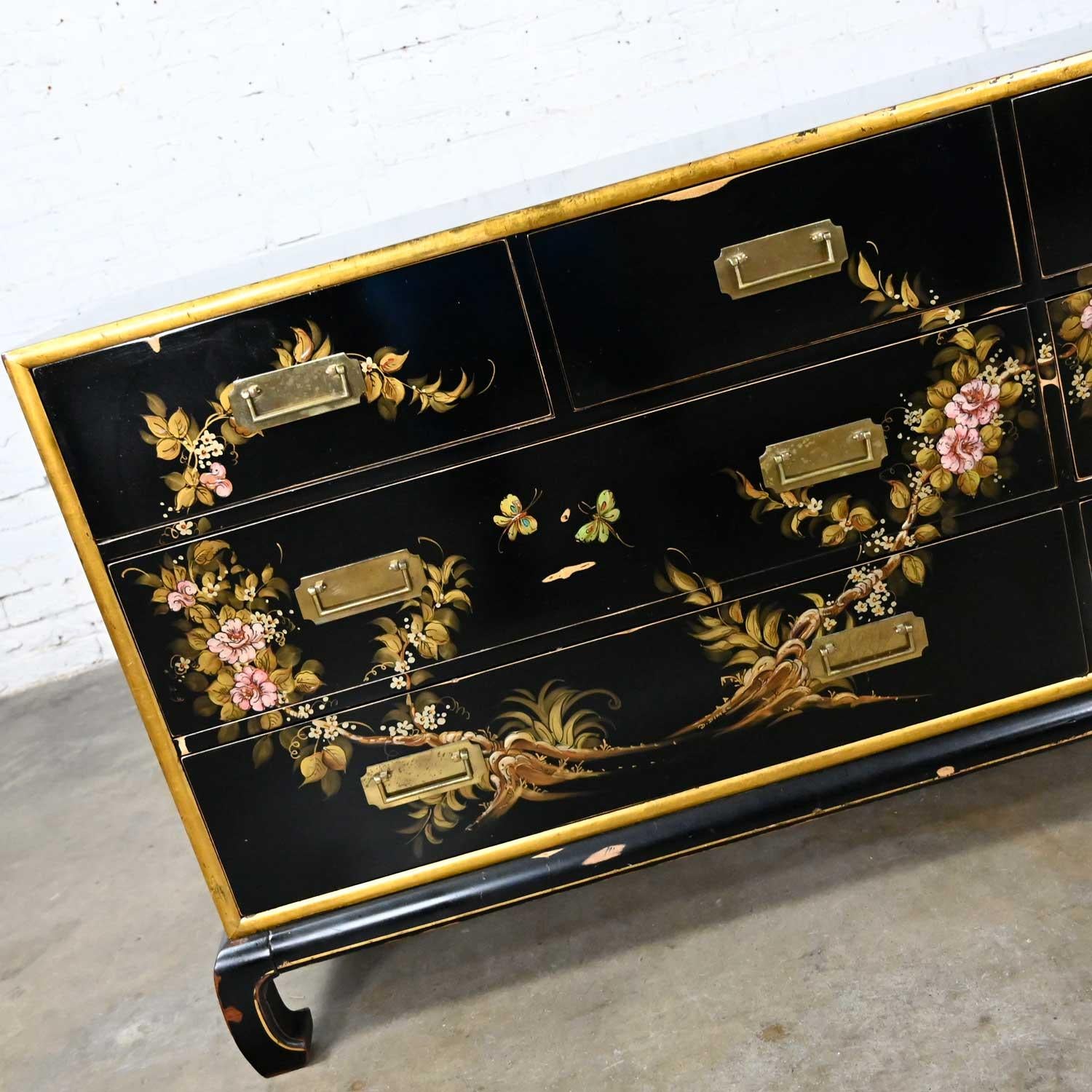 Vintage Union National Chinoiserie Dresser Black W/ Floral Design & Distressing 5