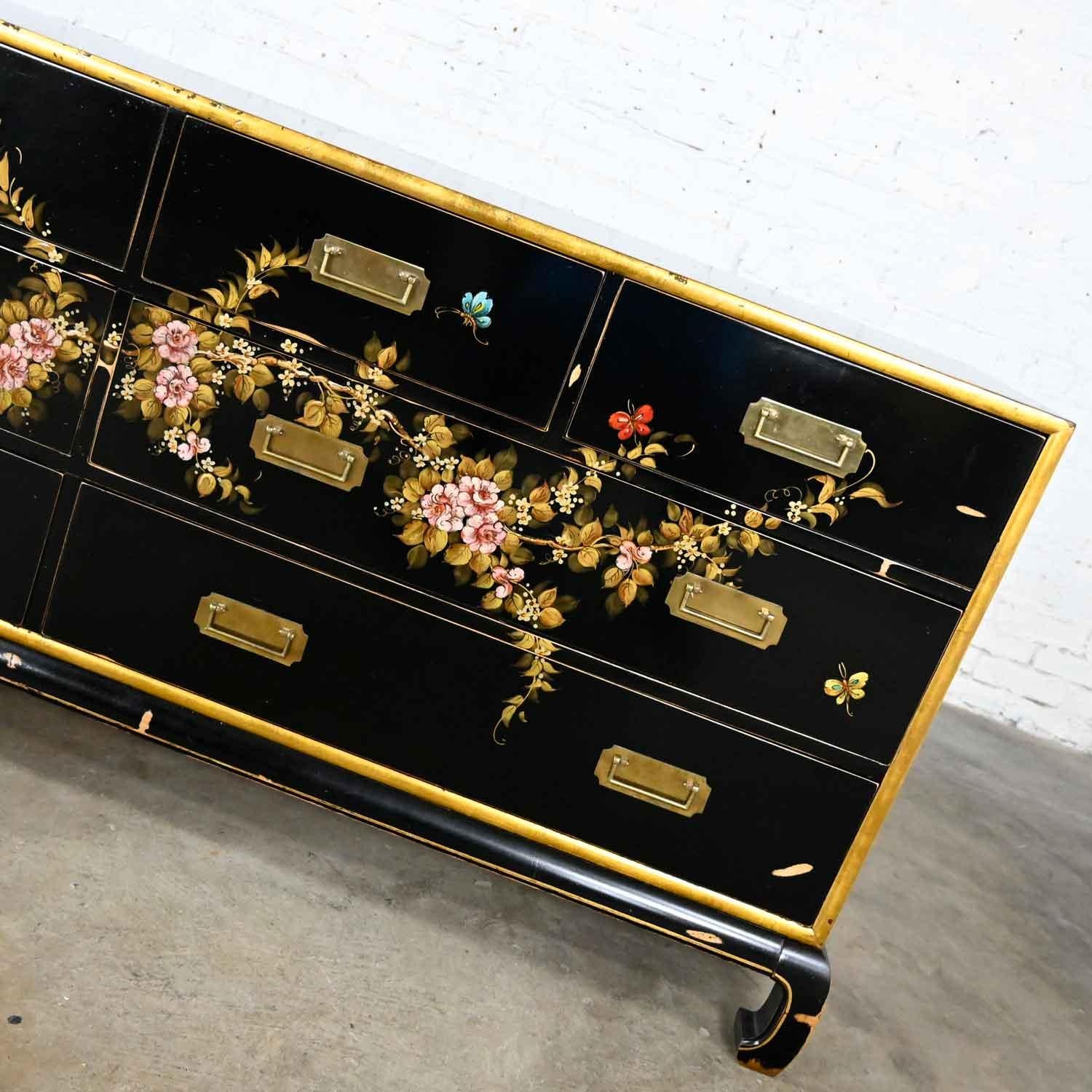 Vintage Union National Chinoiserie Dresser Black W/ Floral Design & Distressing 6