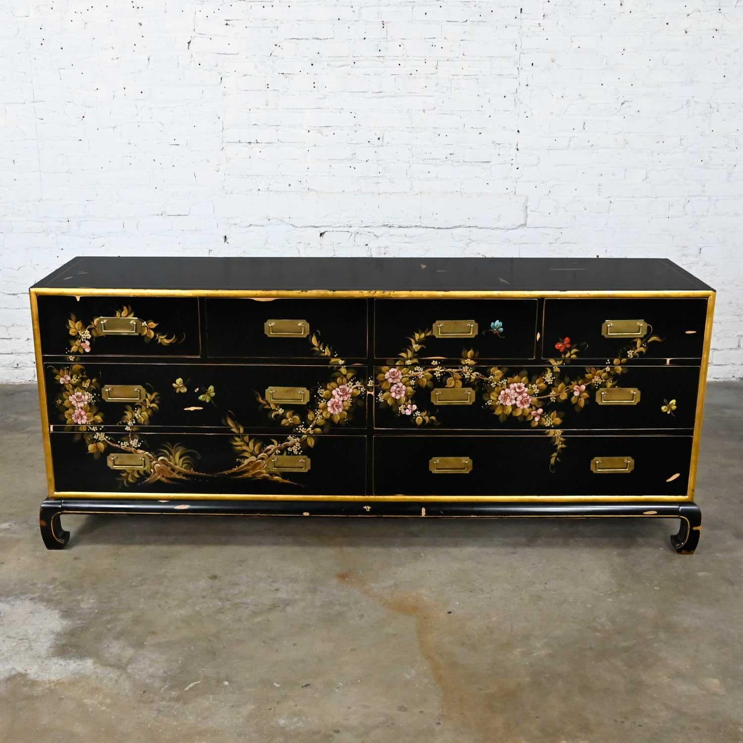 Vintage Union National Chinoiserie Dresser Black W/ Floral Design & Distressing 7