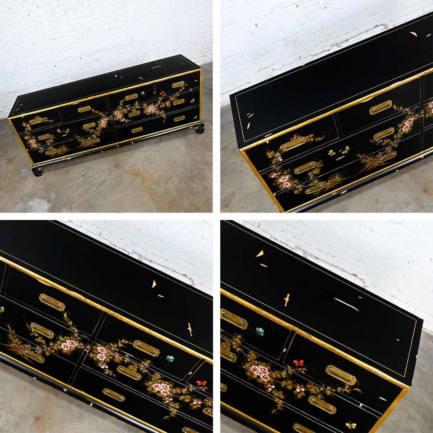 Vintage Union National Chinoiserie Dresser Black W/ Floral Design & Distressing 9