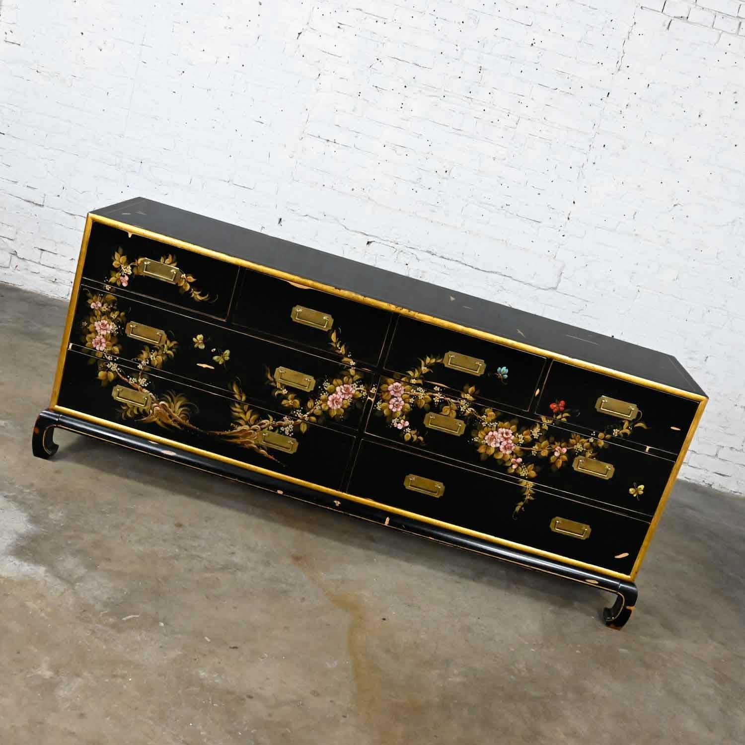 Gorgeous vintage Union National Furniture Chinoiserie chow leg Ming style dresser black with tole painted floral design signed Dimas, distressed patina painted finish, and brass pulls. Beautiful condition, keeping in mind that this is vintage and