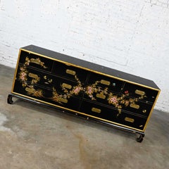 Vintage Union National Chinoiserie Dresser Black W/ Floral Design & Distressing