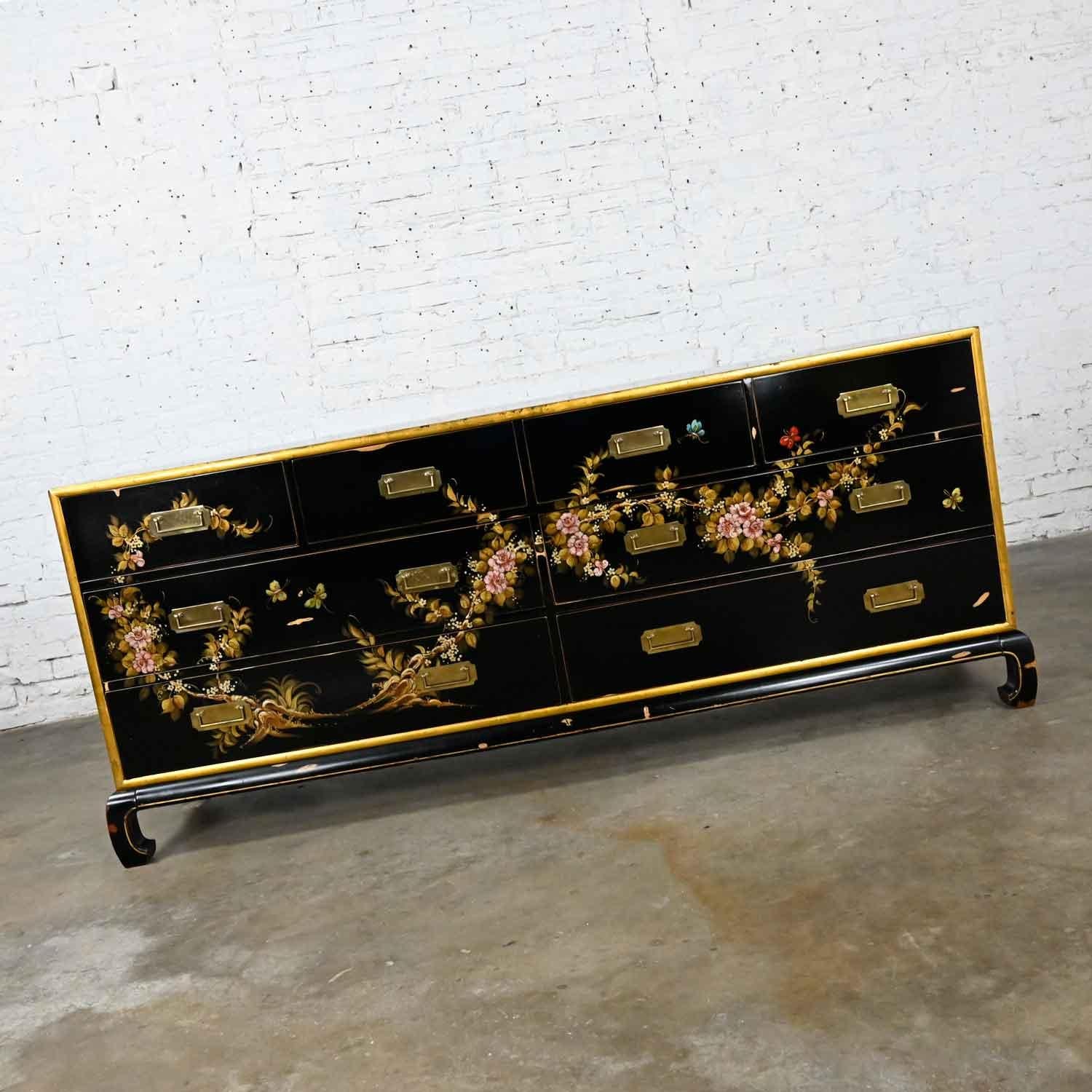 American Vintage Union National Chinoiserie Dresser Black W/ Floral Design & Distressing