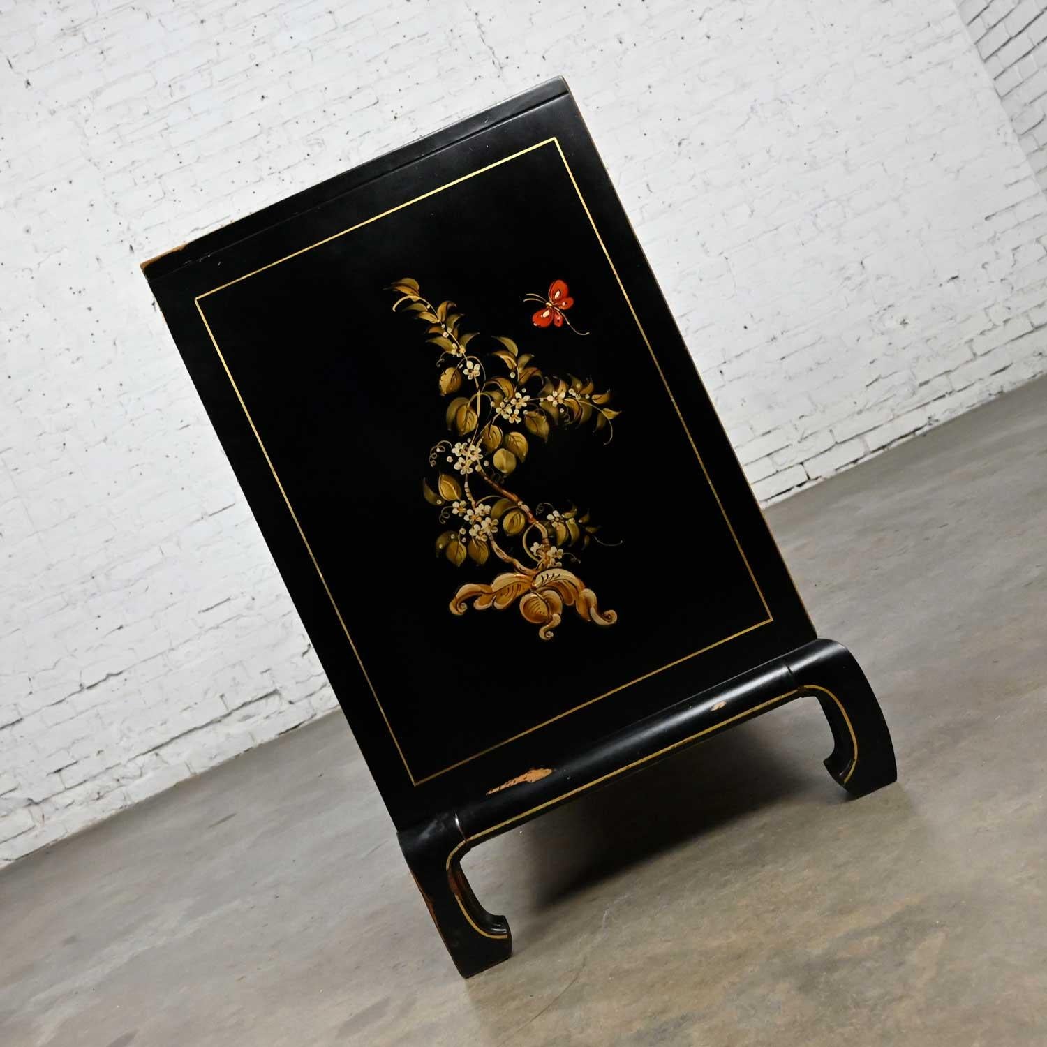 20th Century Vintage Union National Chinoiserie Dresser Black W/ Floral Design & Distressing